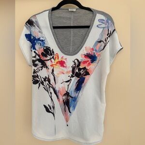 Zara Artistic Floral V-Neck Off the Shoulder Tee